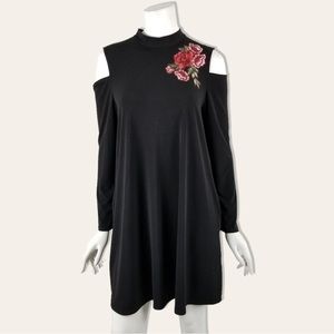 AGB Black Mock Neck Cold Shoulder Embroidered Floral Summer Mini Shift Dress